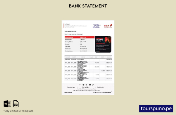 listo para imprimir Plantilla de Word   extracto bancario del Banco Unido de Nig